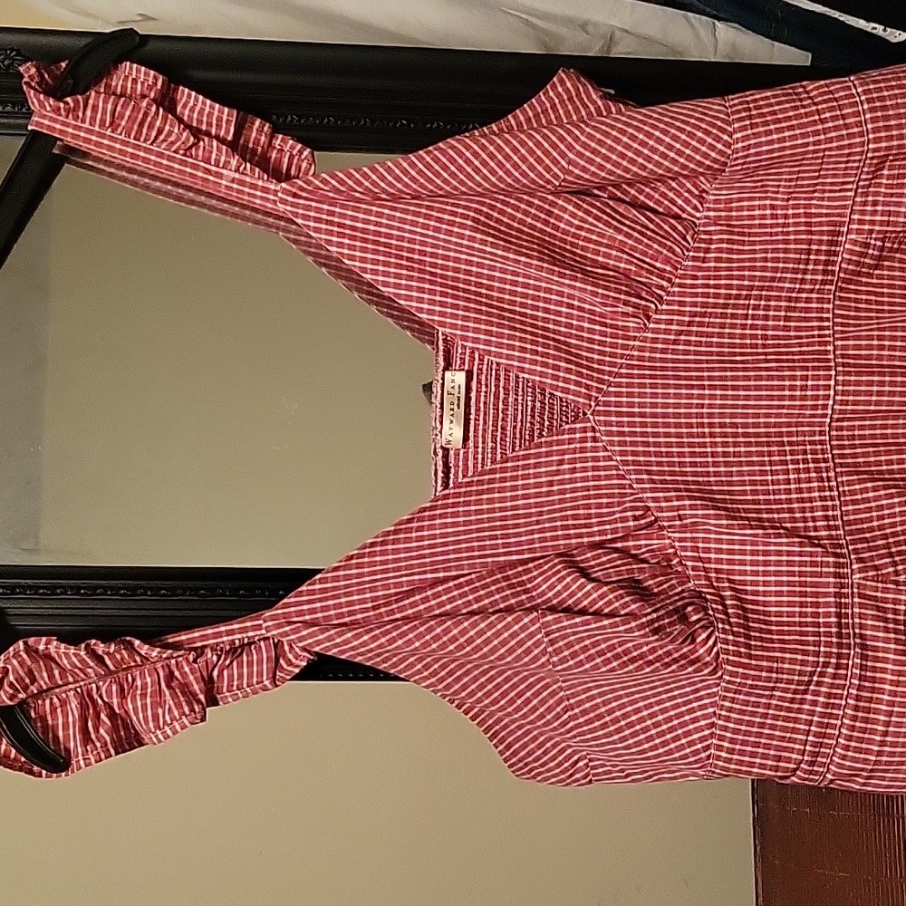 Red and white check dress.